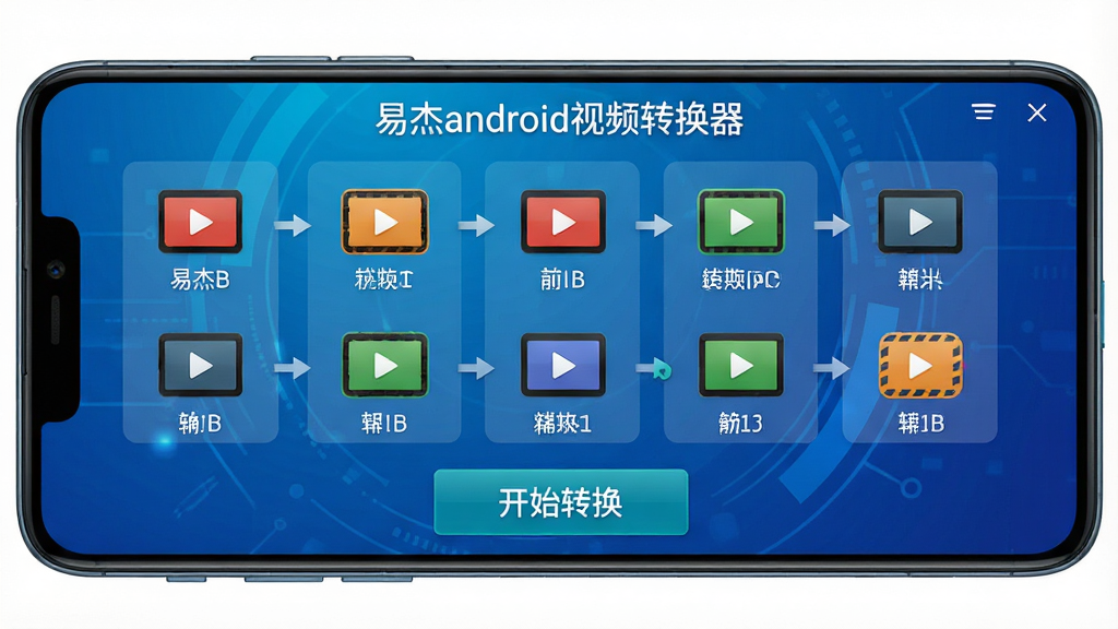 高清安卓手机屏幕显示易杰android视频转换器主界面,界面布局清晰,上方为软件名称“易杰android视频转换器”,中间展示多种视频格式转换选项图标,下方有醒目的“开始转换”按钮,背景为渐变蓝色科技风,画质细腻,干净无多余元素