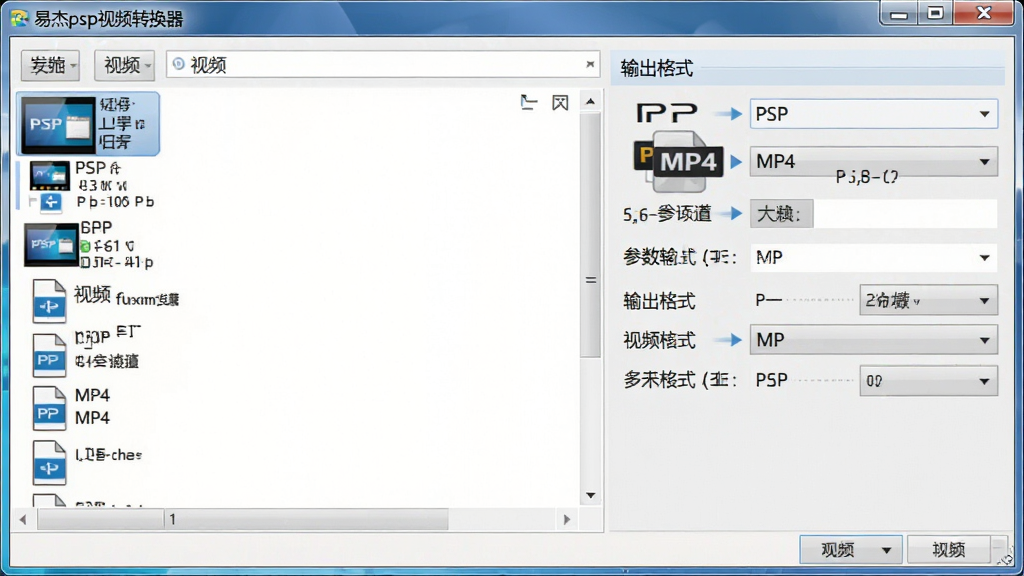 一张电脑软件界面截图,主体为“易杰psp视频转换器”主窗口,布局简洁明了,左侧为视频文件列表,右侧为输出格式与参数设置区域,风格扁平化现代设计,细节处显示PSP与MP4格式图标,画质清晰干净,无多余元素