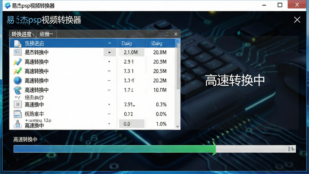 一张电脑软件运行中的截图,主体为“易杰psp视频转换器”转换进度界面,布局显示文件列表及进度条,排版整洁,风格科技感,细节处显示“高速转换中”字样,画质清晰,干净无多余元素