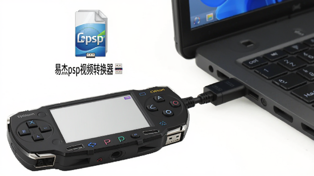一张展示电脑与PSP设备连接传输文件的图片,主体为PSP掌机与电脑USB连接示意图,布局简洁,排版清晰,风格写实,细节处显示“易杰psp视频转换器”输出文件图标,画质干净,无多余元素