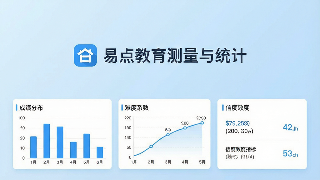 一张现代简约风格的软件主界面展示图,画面中央是“易点教育测量与统计”的LOGO与名称,背景为浅蓝色渐变,下方排列着成绩分布柱状图、难度系数曲线和信度效度指标卡片,整体布局清晰,扁平化设计,色调以蓝白为主,画质干净,无多余元素。