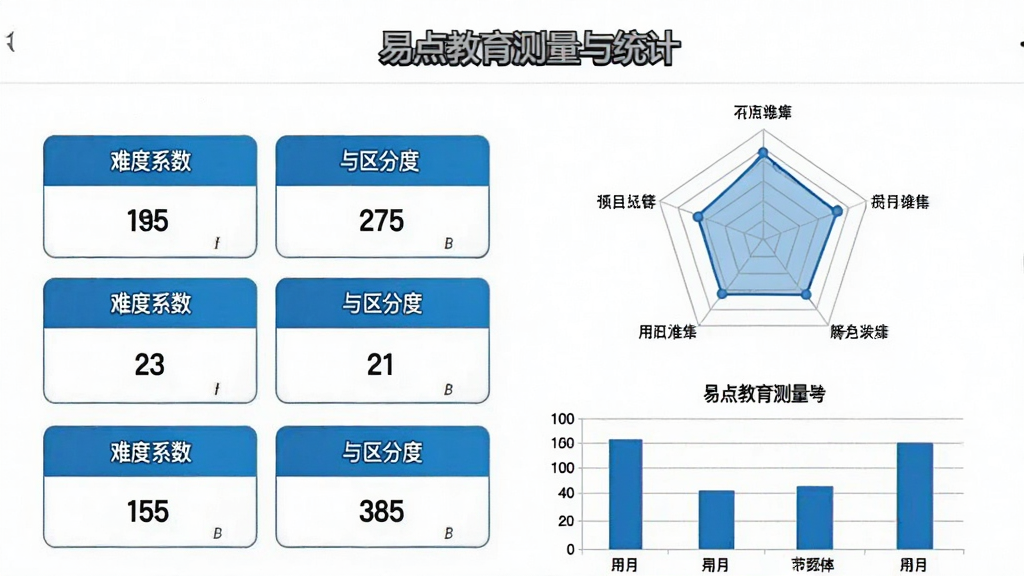 一张试卷质量分析报告截图,左侧为难度系数与区分度数值卡片,右侧为雷达图与条形图,界面标注“易点教育测量与统计”字样,背景为白色,蓝色图表线条,风格专业简洁,画质清晰,无多余元素。