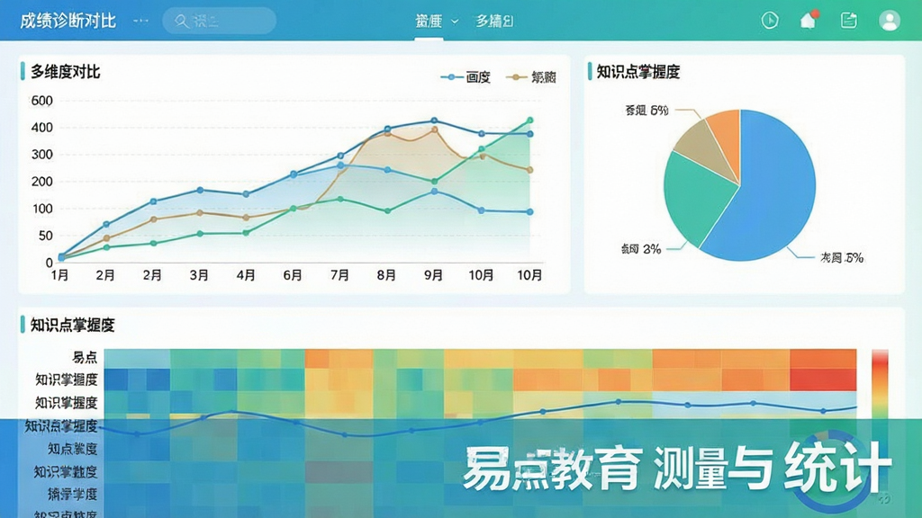 一张成绩诊断界面效果图,画面为多维度对比折线图与饼图,下方为知识点掌握度热力图,标注“易点教育测量与统计”产品名称,设计风格清新,蓝绿色调,数据可视化元素丰富,画质干净,无多余元素。