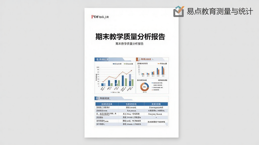 一张报告导出预览图,展示一份PDF报告封面,标题为“期末教学质量分析报告”,下方有图表与表格缩略图,右上角有“易点教育测量与统计”水印,背景为浅灰色,商务简约风格,画质干净,无多余元素。