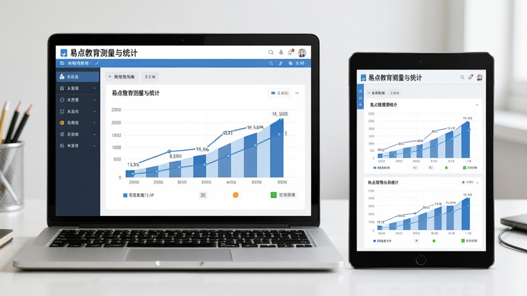 一张软件使用教程示意图,画面为笔记本电脑与平板并排摆放,屏幕中显示易点教育测量与统计的图表界面,背景为简洁工作台,风格写实,光线明亮,画质干净,无多余元素。