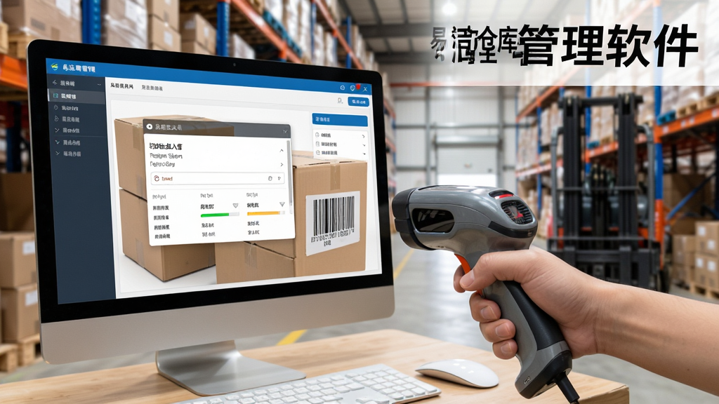 展示易洁仓库管理软件的扫码出入库功能,画面中一只手握着扫码枪对准货物条码,电脑屏幕显示软件操作界面,货物信息自动弹出并显示库存变化,背景为仓库实景,风格写实,文字标注“易洁仓库管理软件”,布局动态,画质清晰,无多余元素。