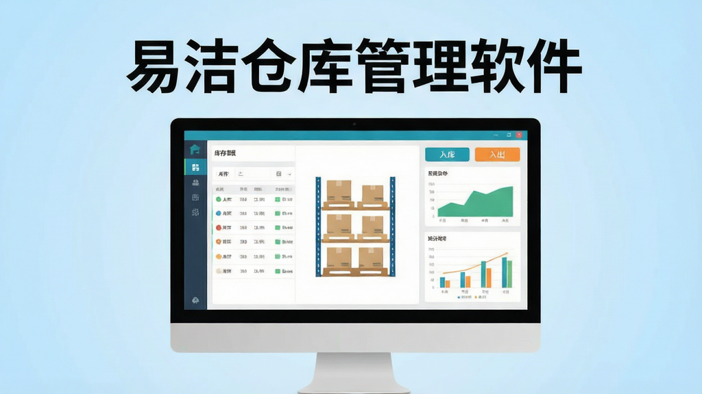 主视觉展示易洁仓库管理软件在电脑上运行的界面,画面中央是简洁的仓库货架图标,背景为浅蓝色渐变,界面窗口展示库存列表、入库出库按钮、统计图表等元素,整体风格扁平化,色彩明亮干净,文字标注“易洁仓库管理软件”名称,布局居中,画质清晰,无多余元素。