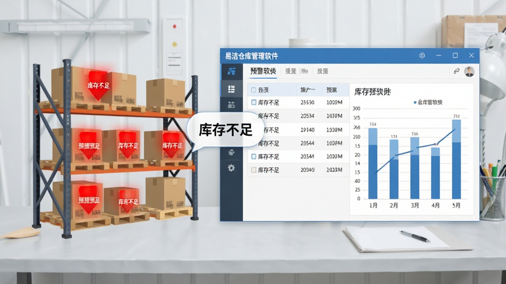 展示易洁仓库管理软件的库存预警界面,画面中一个仓库货架图形,货架上部分货物用红色闪烁标记表示预警,旁边弹出气泡提示“库存不足”,背景为浅灰色工作台,软件窗口显示预警列表和柱状图,整体风格商务简洁,文字标注“易洁仓库管理软件”,布局清晰,画质干净。