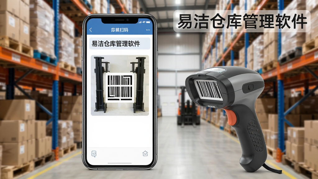展示易洁仓库管理软件在手机上的操作界面,手机屏幕显示扫码入库页面,背景为仓库货架,手机旁边放着扫码枪,整体风格写实,突出移动端便捷性,文字标注“易洁仓库管理软件”,布局清晰,画质干净。