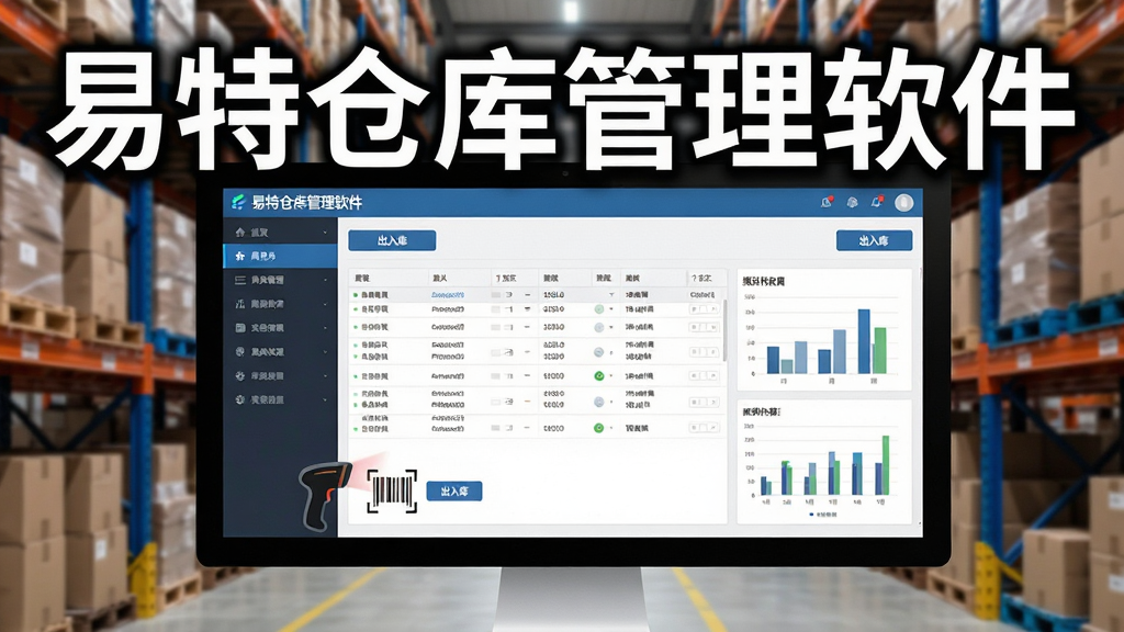 主体为电脑屏幕和仓库货架,屏幕中显示“易特仓库管理软件”主界面,界面有库存列表、出入库按钮,布局清晰,左侧菜单栏,右侧数据表格,风格简洁商务,细节包括条码扫描图标、统计图表,画质清晰干净,无多余元素,文字“易特仓库管理软件”突出显示