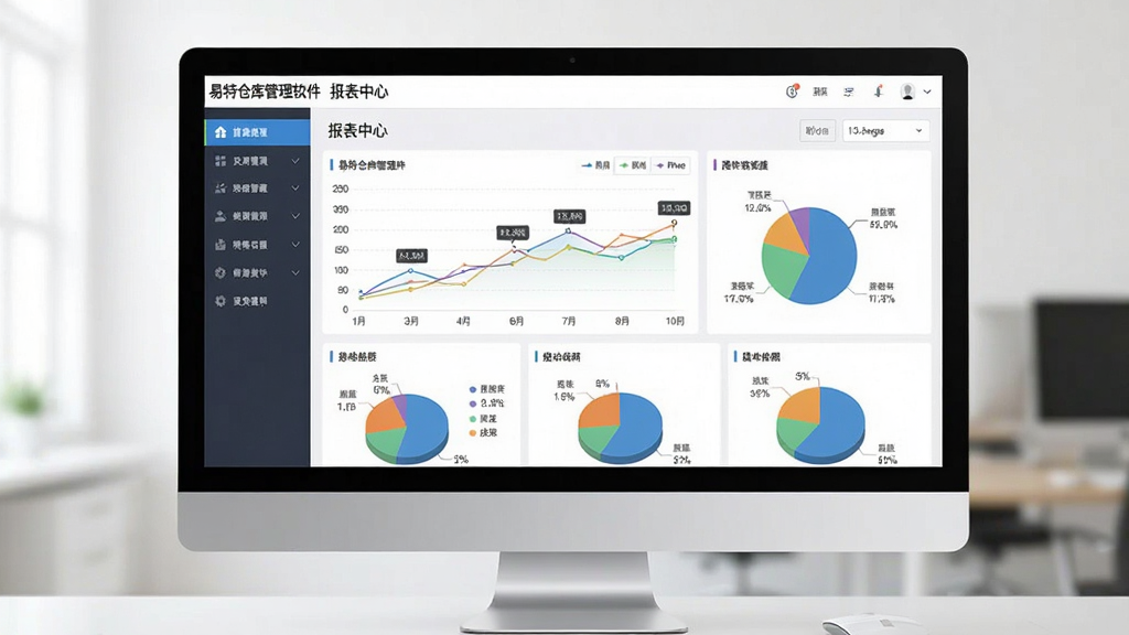 主体为电脑屏幕显示“易特仓库管理软件”报表中心,有多种图表如折线图、饼图,布局为Dashboard风格,左侧导航右侧图表,风格清爽专业,细节有数据标签、时间筛选器,画质清晰干净