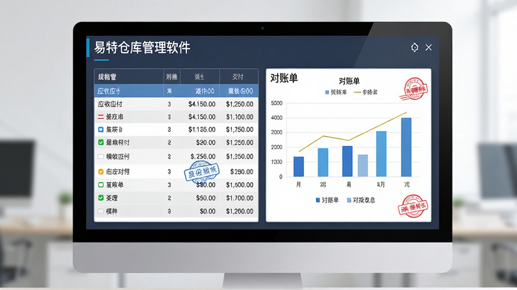 主体为电脑屏幕展示“易特仓库管理软件”财务对账模块,有应收应付列表、对账单图表,布局为表格与统计图结合,风格商务简洁,细节有金额数字、印章图标,画质干净无多余元素
