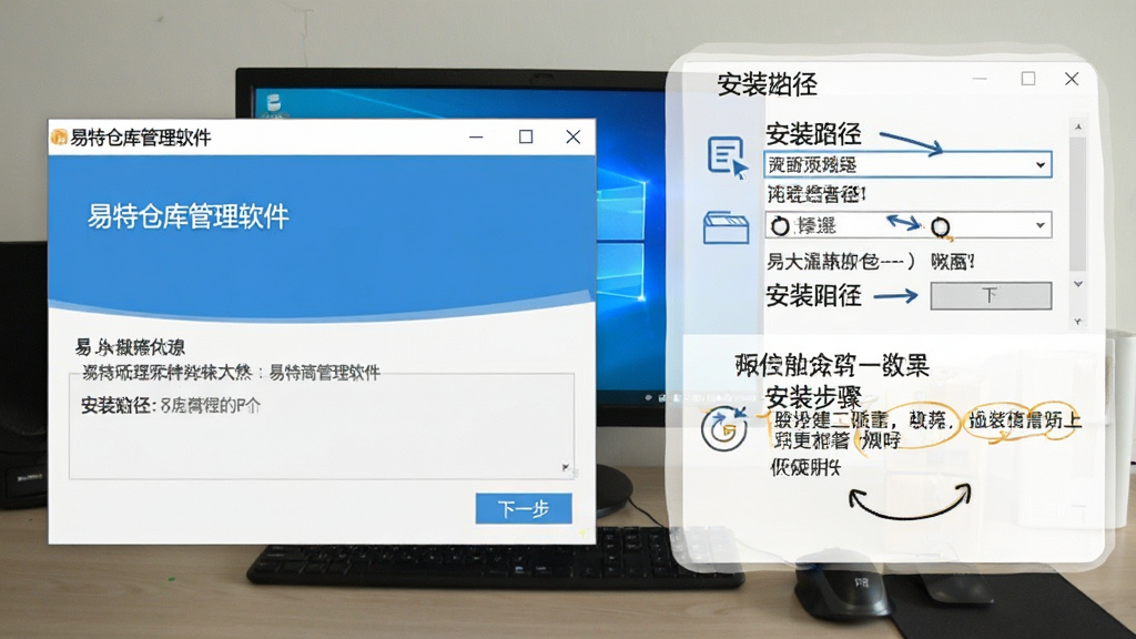主体为电脑桌面上安装“易特仓库管理软件”的步骤截图,包含安装向导界面,布局为图文步骤,风格清晰教程风,细节有“下一步”按钮、安装路径选择,画质干净无多余元素