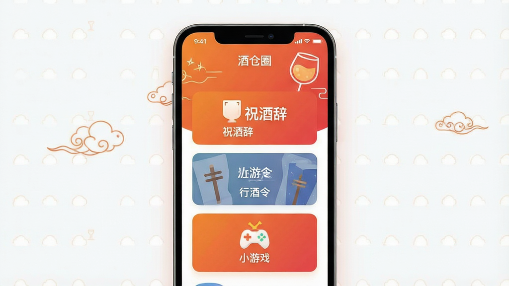 一幅现代扁平化风格的应用功能预览图,画面中央是手机界面的“酒仓圈”应用主屏幕,屏幕内清晰展示“祝酒辞”、“行酒令”、“小游戏”三大功能模块图标,背景以温暖的橙红色渐变为主,辅以祥云和酒杯的线性装饰元素,整体布局干净整洁,画质高清,突出软件的实用性与趣味性,无多余元素。