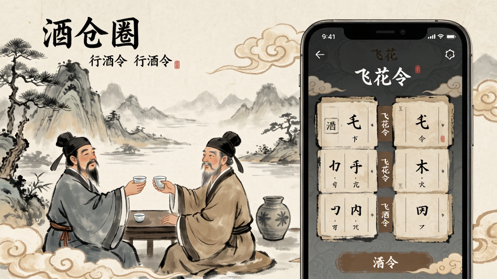 展示“酒仓圈”应用内“行酒令”功能的插画风格预览图,画面采用古风手绘风格,有山水、祥云和古代文人举杯对饮的场景,屏幕前景是清晰的“飞花令”游戏界面,布局错落有致,色彩淡雅古朴,画质精美,突出传统与现代结合的特色,无多余元素。