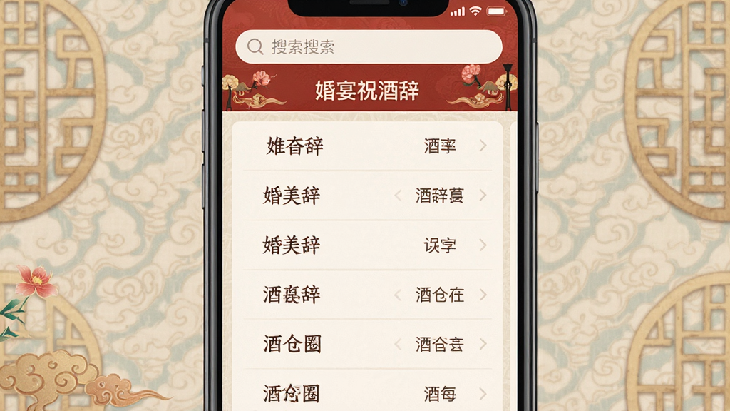 一张手机应用内页的截图预览,顶部显示搜索栏和“婚宴祝酒辞”分类,下方以列表形式整齐排列着多条优美辞令,背景是柔和的中式古典纹理,与“酒仓圈”品牌色调一致,整体排版舒适清晰,画质细腻,无多余装饰元素。