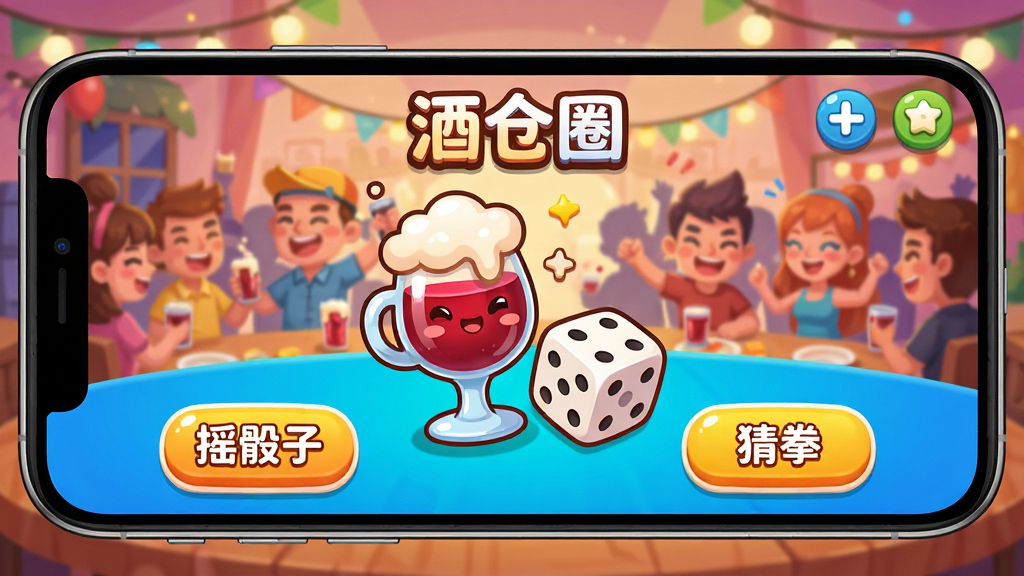 手机横屏游戏界面预览,展示“酒仓圈”中的“摇骰子”和“猜拳”小游戏,界面色彩鲜艳明快,按钮设计圆润可爱,画面中央有卡通化的酒杯和骰子元素,背景是活泼的聚会场景,整体风格轻松愉快,画质清晰,无多余元素。