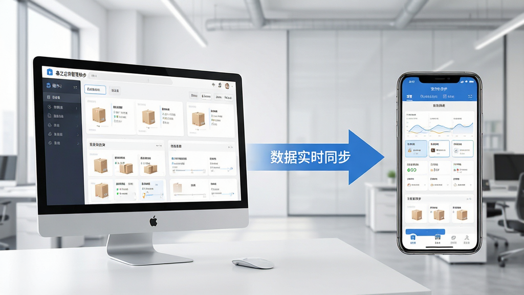 易芝仓库管理软件库存同步功能示意图,画面左侧为电脑端操作界面,右侧为手机端同步界面,中间用箭头连接,显示“数据实时同步”字样,背景为现代办公室环境,整体风格明亮清晰,画质高清,干净无多余元素
