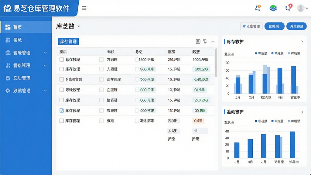易芝仓库管理软件主界面预览图,展示一个整洁的仓库管理后台,左侧功能菜单栏,右侧为库存数据表格和图表看板,整体风格现代简约,蓝白配色,界面清晰,文字标签为“易芝仓库管理软件”,画质高清,干净无多余元素