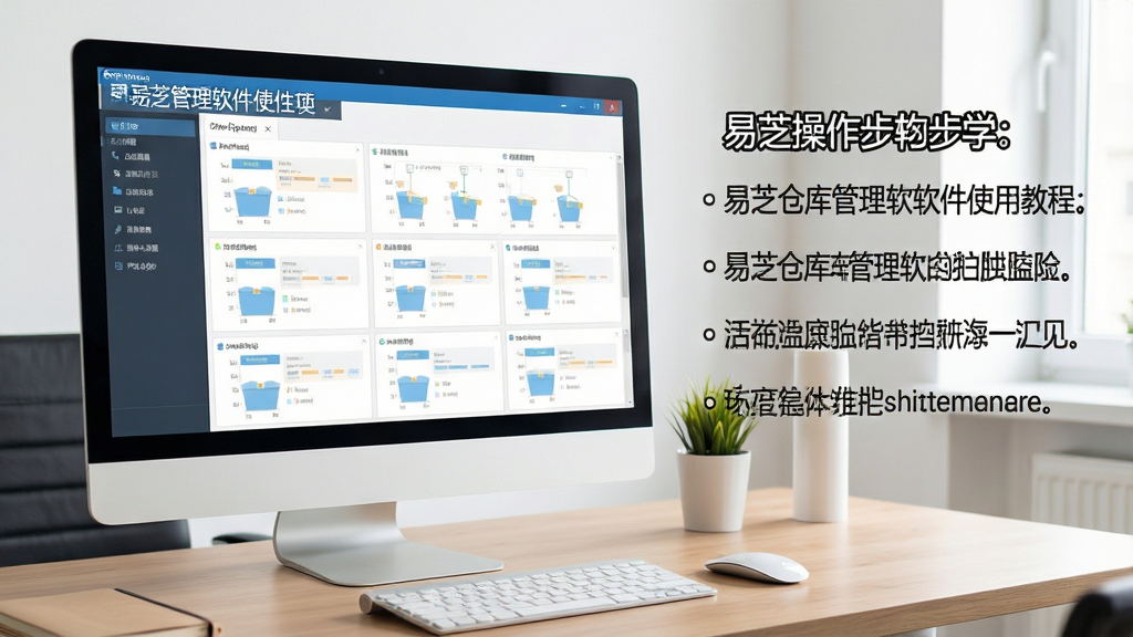 易芝仓库管理软件使用教程截图,电脑屏幕显示软件操作界面,旁边有操作步骤说明文字,背景为整洁的办公桌,整体风格教学向,画质高清,干净无多余元素
