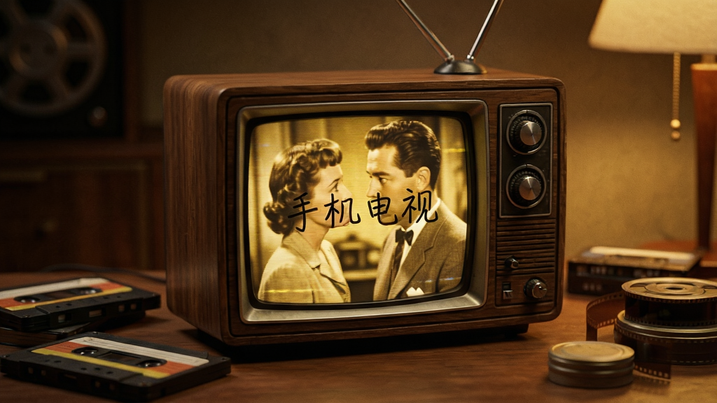 主体:一台复古木质外壳的小电视,屏幕中正在播放一部老电影,画面呈暖黄色调,带有扫描线和轻微噪点。布局:小电视位于画面中央偏下,周围有昏暗的暖光环境,桌面上散落着旧磁带和胶片盒。排版:屏幕中隐约显示“手机电视”字样,字体为手写风格。风格:复古怀旧,柔焦光线,胶片质感。细节:电视旋钮、天线、木质纹理清晰。画质:超高清,干净,无多余元素。