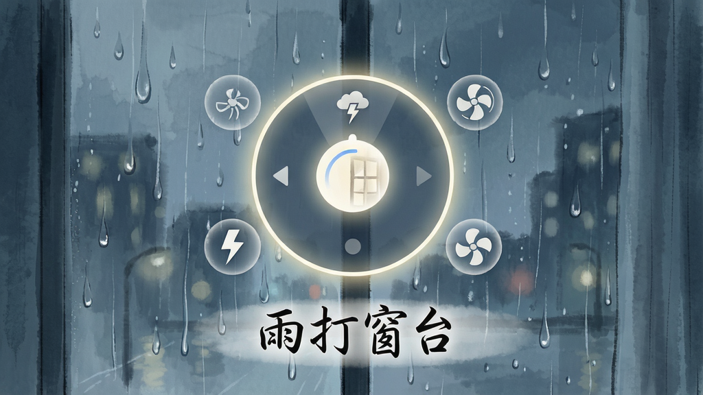 主体:手机电视氛围音效选择界面,背景是雨夜窗户。布局:中央有一个圆形的音效选择转盘,周围有雨声、雷声、风扇声等图标。排版:转盘下方显示“雨打窗台”字样,字体为手写体。风格:插画风格,色彩柔和,带有水墨质感。细节:雨滴从窗户滑落,转盘有微光。画质:高清晰度,干净,无多余元素。