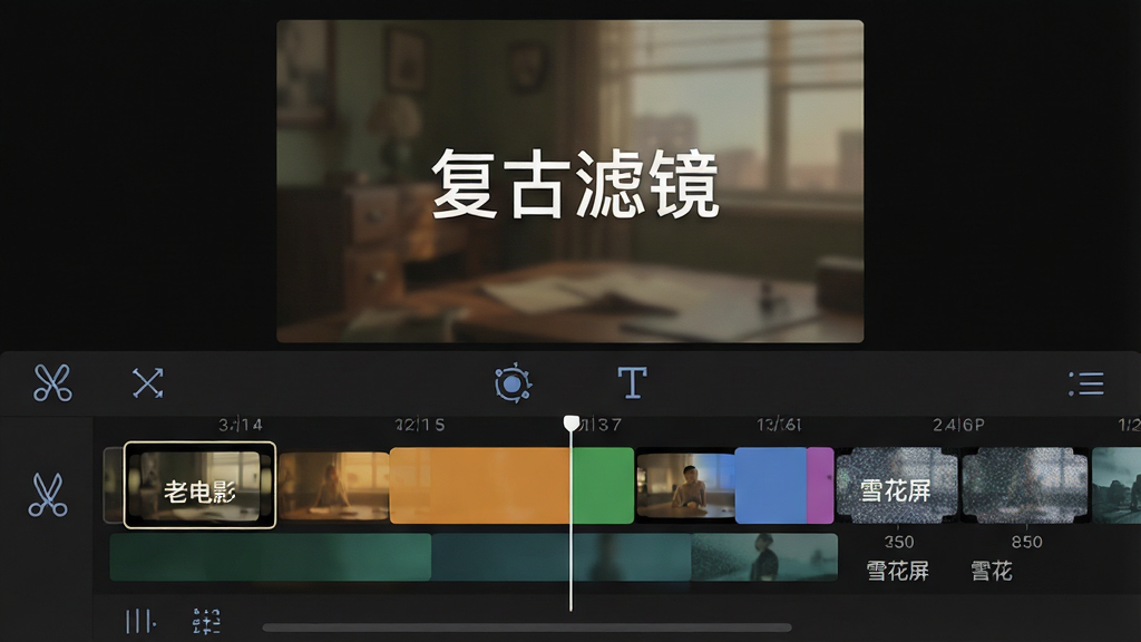 主体:手机电视编辑界面,时间线上有多个视频片段,上方是预览窗口。布局:预览窗口占据上半部分,下方是时间线和工具栏,工具图标包括剪刀、滤镜、文字。排版:预览窗口中显示“复古滤镜”字样,时间线用不同颜色区分片段。风格:界面暗色系,工具图标线条简洁。细节:滤镜效果缩略图展示“老电影”、“雪花屏”等。画质:清晰,干净,无多余元素。