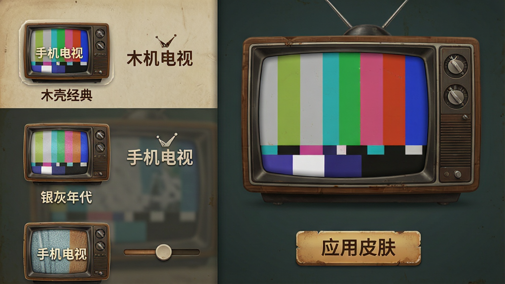 主体:手机电视应用界面,展示多款复古电视皮肤选择列表。布局:界面分为左右两栏,左侧是皮肤缩略图,右侧是预览大图,底部有“应用皮肤”按钮。排版:皮肤名称用复古字体标注,如“木壳经典”、“银灰年代”。风格:UI设计简洁,但所有元素如按钮、滑块都带有做旧质感。细节:缩略图上悬浮着“手机电视”Logo,屏幕中显示测试图案。画质:高分辨率,干净,无多余元素。