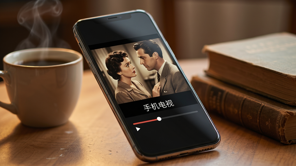 主体:手机电视应用在手机上的实际运行效果,屏幕中播放老电影,手机旁边有咖啡杯和旧书。布局:手机倾斜放置,屏幕正对镜头,周围环境温馨。排版:屏幕中显示“手机电视”字样,下方有播放进度条。风格:生活化场景,暖色调,浅景深。细节:手机边框反射光线,咖啡冒热气。画质:超高清,干净,无多余元素。