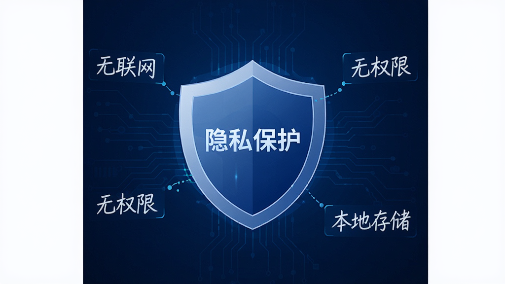 一张体现万能家电智慧遥控隐私安全特性的概念图,主体为一个盾牌图标,盾牌上写着“隐私保护”,背景为深蓝色科技感纹理,周围环绕着“无联网”、“无权限”、“本地存储”等字样。布局居中,风格抽象,细节清晰,画质干净,无多余元素。