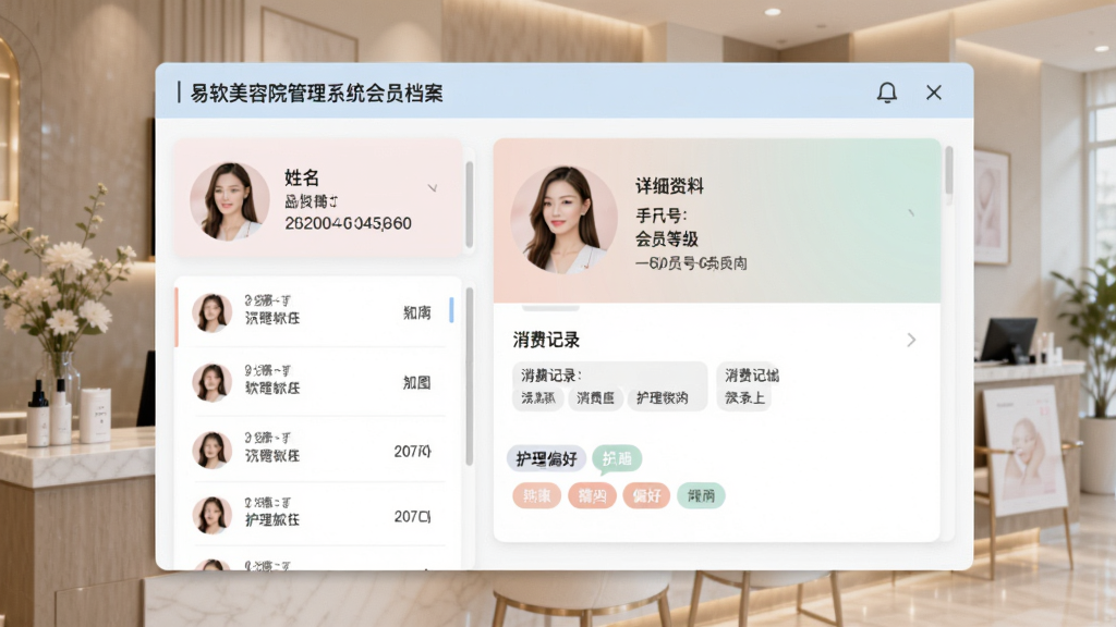 易软美容院管理系统会员档案界面,展示会员列表与详细资料卡,包含头像、姓名、手机号、会员等级、消费记录、护理偏好标签,界面采用卡片式布局,左侧列表右侧详情,配色柔和,背景为美容院接待区,画质清晰,干净无多余元素