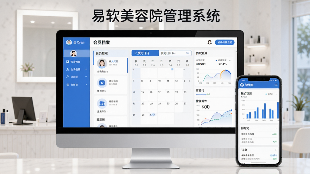 主视觉展示易软美容院管理系统在电脑与手机上的界面,背景是整洁的美容院前台,界面清晰显示会员档案、预约日历、营收图表,排版采用左右分屏布局,左侧为功能菜单列表,右侧为数据看板,风格现代简约,蓝白色调,细节包含头像、服务项目图标、订单记录,画质8K,干净无多余元素