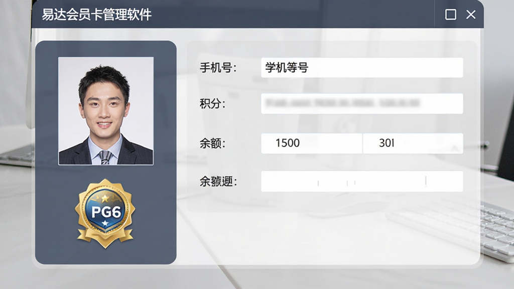 易达会员卡管理软件会员档案编辑页面,左侧为会员头像与等级徽章,右侧为详细信息表单,包含手机号、积分、余额等字段,背景为浅灰色桌面,界面风格商务简洁,排版规整,细节清晰,画质高清