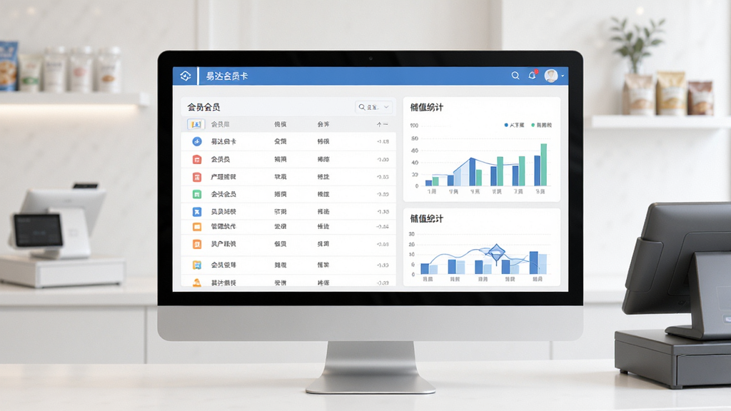 易达会员卡管理软件主界面展示图,电脑屏幕显示会员列表与储值统计图表,背景为现代简约的收银台场景,整体明亮干净,界面UI清晰,扁平化设计风格,高分辨率,画质细腻,无多余杂物