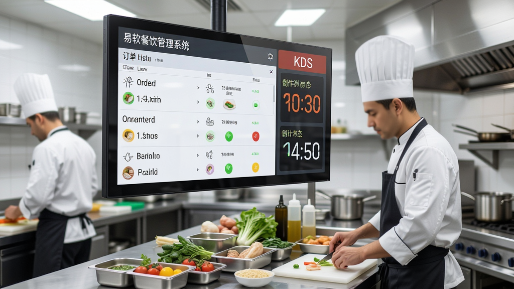 主体:易软餐饮管理系统后厨KDS厨显大屏展示,屏幕上列出多笔订单与制作状态。布局:后厨场景,厨师正在根据屏幕提示备餐,屏幕悬挂在显眼位置。排版:屏幕分为订单列表与倒计时区域,颜色标识不同状态。风格:写实场景摄影,灯光明亮。细节:屏幕文字清晰,厨师动作专业,食材摆放整齐。画质:高分辨率,干净,无多余元素。