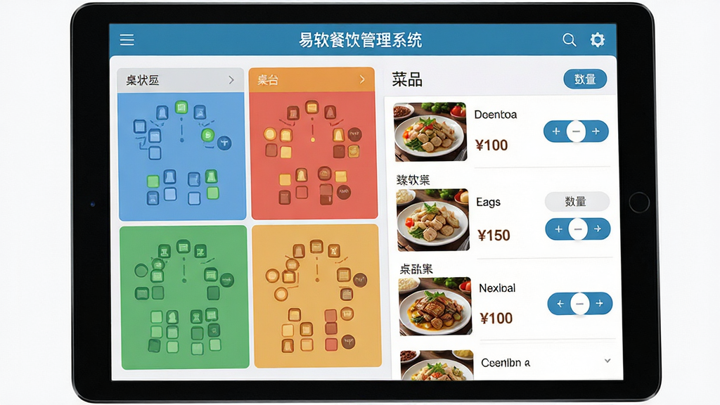 主体:易软餐饮管理系统的点餐收银界面特写,屏幕上显示桌台状态图与菜品列表。布局:平板设备横屏展示,界面左侧为桌台分区,右侧为菜品分类与数量调节按钮。排版:界面布局整齐,色彩区分明显,顶部显示“易软餐饮管理系统”字样。风格:扁平化UI设计,现代简洁。细节:菜品图片清晰,价格字体醒目,触控按钮圆润。画质:高清渲染,干净,无多余元素。