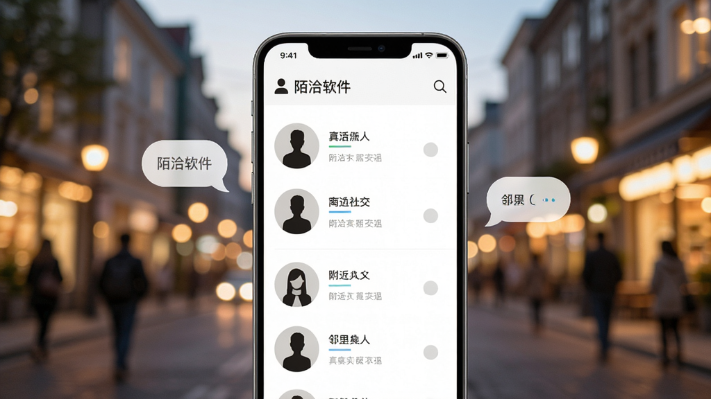 陌洽软件主视觉图,画面中心是手机界面展示附近的人列表,背景是模糊的城市街景和温暖灯光,整体风格清新自然,突出真实社交和邻里温暖的感觉,布局简洁,人物剪影和对话气泡元素点缀,画质高清,干净无多余元素