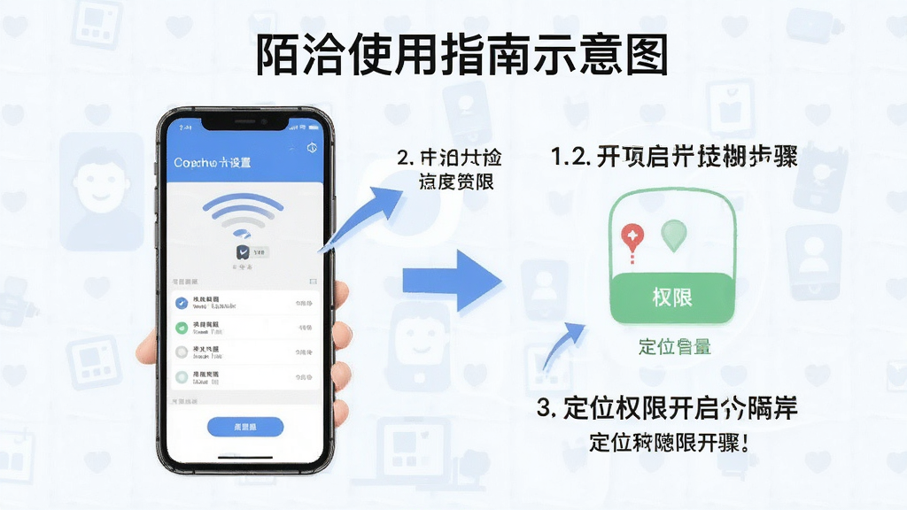 陌洽使用指南示意图,展示手机设置界面和定位权限开启步骤,背景是简洁的教程风格插图,有箭头标注和文字说明,整体风格清晰易懂,画质干净
