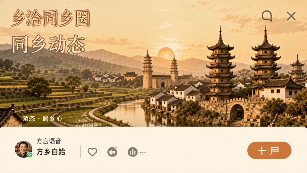 陌洽同乡圈界面,展示同乡动态和方言语音消息,背景是家乡风景和地标建筑,整体风格怀旧温馨,突出乡情连接,画质清晰,排版简洁
