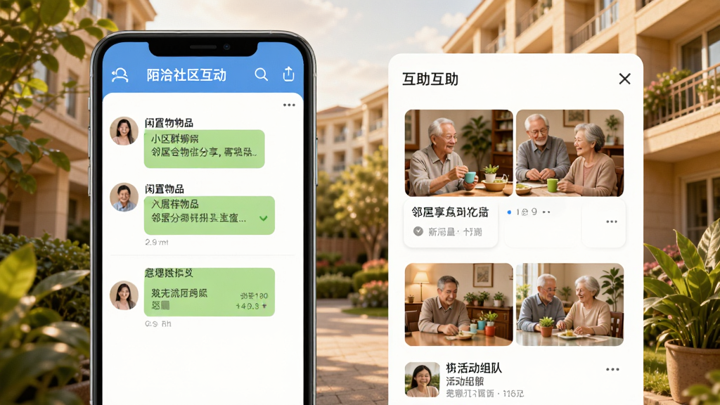 陌洽社区互动界面,展示小区群聊和互助信息流,有邻居分享闲置物品和活动组队的内容,背景是温馨的居民楼和绿植,整体风格温暖亲切,突出邻里互助场景,画面干净,无多余元素