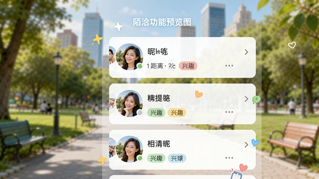 陌洽功能预览图,展示附近的人卡片列表,卡片上有用户头像、昵称、距离和兴趣标签,背景是模糊的城市公园场景,整体风格明亮活泼,突出发现身边有趣灵魂的主题,排版整齐,画质清晰