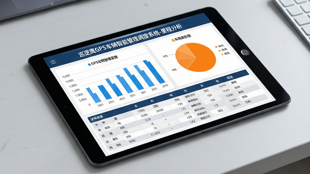 主体:一台平板电脑上展示着巡逻鹰GPS车辆管理系统的数据报表界面,包含柱状图、饼图和表格。布局:平板电脑斜放于桌面,画面以报表界面为主体。排版:图表排列整齐,色彩区分明显。风格:商务简洁,背景为浅灰色桌面。细节:报表标题为“巡逻鹰GPS车辆智能管理调度系统-里程分析”,柱状图用蓝色,饼图用橙色,表格行高清晰。画质:高清,文字锐利,干净,无多余元素。