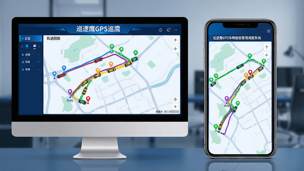 主体:电脑屏幕和手机屏幕并排展示的巡逻鹰GPS车辆管理界面,地图上显示多条彩色车辆行驶轨迹线。布局:左屏为轨迹回放页面,右屏为实时监控页面。排版:屏幕比例为16:9,界面元素整齐排列。风格:科技蓝为主色调,界面简洁明亮。细节:地图上标注“巡逻鹰GPS车辆智能管理调度系统”字样,轨迹线带有起点和终点标记,车辆图标为绿色箭头。画质:高清,界面渲染细腻,干净,无多余元素。