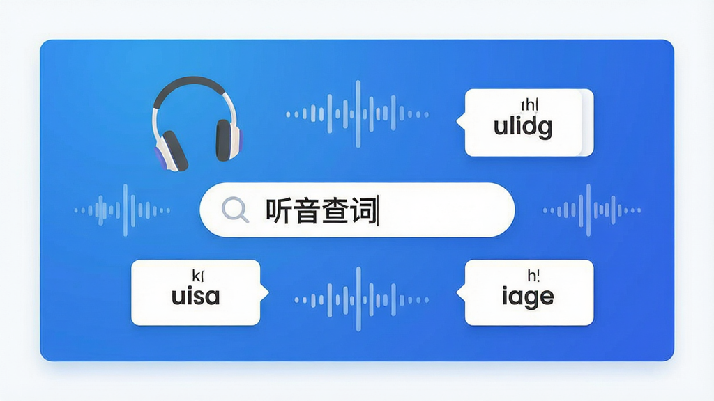 主体:普特英语听音查词软件界面展示,画面中央为简洁的搜索框,周围环绕着耳机、音波、单词卡片等元素。布局:居中构图,主视觉突出,四周留白。排版:扁平化设计,文字清晰。风格:现代科技感,蓝色渐变背景,白色卡片。细节:搜索框内显示“听音查词”字样,单词卡片上标注发音音标。画质:高清渲染,干净整洁,无多余元素。
