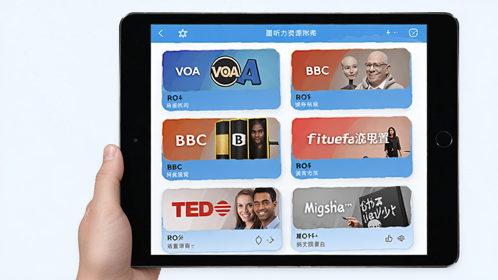 主体:平板电脑展示普特英语听音查词内置的听力资源列表,包含VOA、BBC、TED等分类。布局:资源列表纵向排列。排版:卡片式设计,封面图清晰。风格:清新简约,蓝色主题。细节:每个分类配有代表性缩略图。画质:高清,色彩明快。
