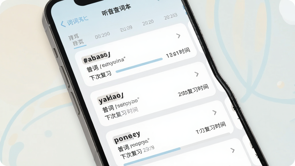 主体:手机界面展示普特英语听音查词的生词本功能,单词卡片按日期排列,带有复习进度条。布局:列表式排列。排版:简洁清晰。风格:淡雅背景。细节:卡片显示单词、释义、下次复习时间。画质:高清,柔和色调。