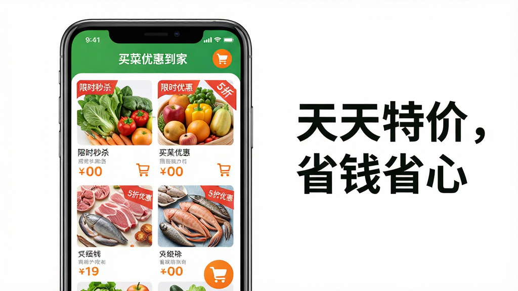 主体:一款名为“买菜优惠到家”的手机购物应用的界面展示图,手机屏幕占据画面中央,屏幕内清晰展示着各种新鲜的蔬菜水果、肉类海鲜等商品图片和价格标签,界面风格简洁明了。布局:手机位于画面中心偏左,右侧留白处配以“天天特价,省钱省心”的广告语文字排版。排版:整体采用左右构图,左侧为产品展示,右侧为文字说明,文字字体为现代感十足的无衬线体。风格:现代、简约、扁平化设计风格,色彩明快,以绿色和橙色为主色调,突出新鲜与实惠的感觉。细节:手机屏幕上的商品图片要高清逼真,带有“限时秒杀”、“5折优惠”等红色角标,购物车图标醒目。画质:8k分辨率,超清画质,干净,无多余元素。