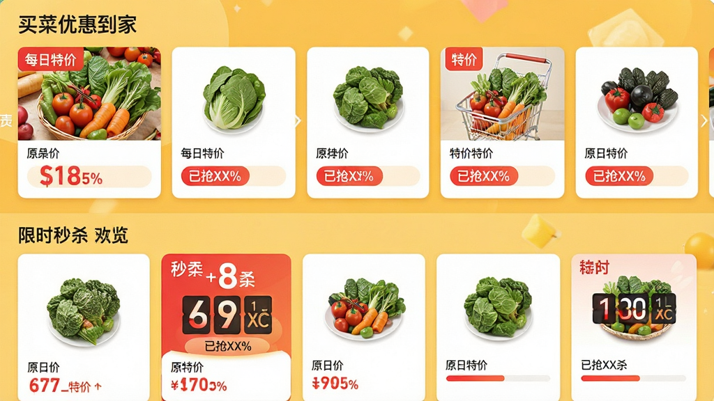主体:“买菜优惠到家”应用内的“每日特价”和“限时秒杀”功能界面预览图,画面分为上下两个部分,上半部分展示特价商品列表,下半部分展示秒杀倒计时和商品图。布局:采用上下结构布局,上方为滚动商品横幅,下方为网格状商品陈列。排版:商品卡片整齐排列,每个卡片上清晰标注原价和特价,秒杀商品配有醒目的倒计时数字。风格:电商促销风格,背景采用暖黄色,营造出抢购的紧迫感和热闹氛围。细节:商品图片要大而清晰,价格标签用红色突出显示,“已抢XX%”的进度条元素也不能少。画质:高清,干净,无多余元素。