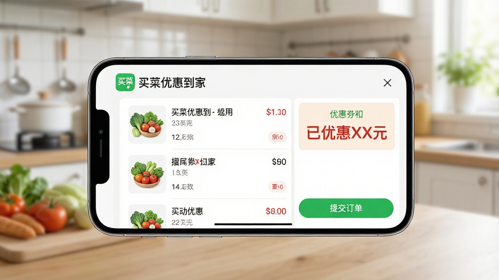主体:一张智能手机横屏展示“买菜优惠到家”应用内商品结算页面的场景图,页面显示商品清单和优惠券抵扣金额。布局:手机位于画面中央,背景为模糊的厨房环境,暗示生鲜购物场景。排版:手机屏幕内容清晰可读,重点突出“已优惠XX元”的字样。风格:写实生活风格,光线明亮柔和。细节:屏幕上有“提交订单”的绿色按钮,应用图标带有“买菜优惠到家”字样。画质:超高清,干净,无多余元素。