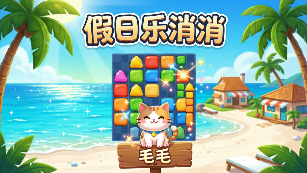主体:阳光明媚的海岛度假村全景,前景是色彩鲜艳的三消方块与可爱的猫咪“毛毛”,背景是碧蓝大海与白色沙滩。布局:中心构图,三消方块与海岛建筑错落有致,猫咪坐在最前方的木牌上。排版:画面文字区域留白,“假日乐消消”艺术字置于顶部居中。风格:明亮卡通,色彩饱和度高,充满夏日活力。细节:海面波光粼粼,椰子树随风摇曳,消除特效光点闪烁。画质:高清渲染,干净无多余元素。